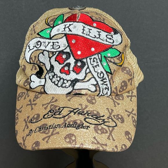 Ed Hardy Snapback Denim Hat Love Kills Slowly Skull & Heart Metallic Gold RARE - Picture 1 of 7